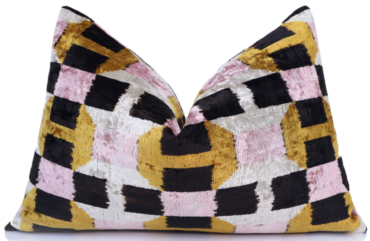 Geometric Silk Velvet Lumbar Pillow 16x24 | Handmade Art Deco Accent
