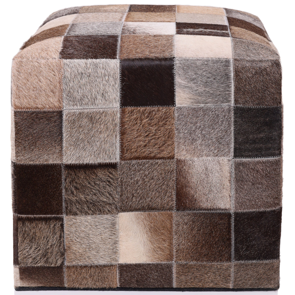 Handmade Brown Patchwork Cowhide Leather Ottoman Pouf 18x18 Warm