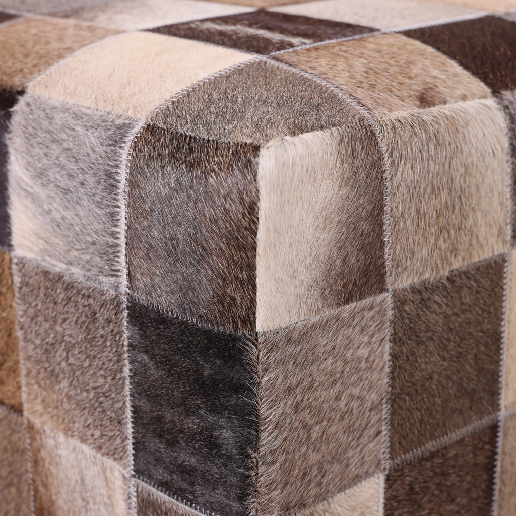 Handmade Brown Patchwork Cowhide Leather Ottoman Pouf 18x18 Warm