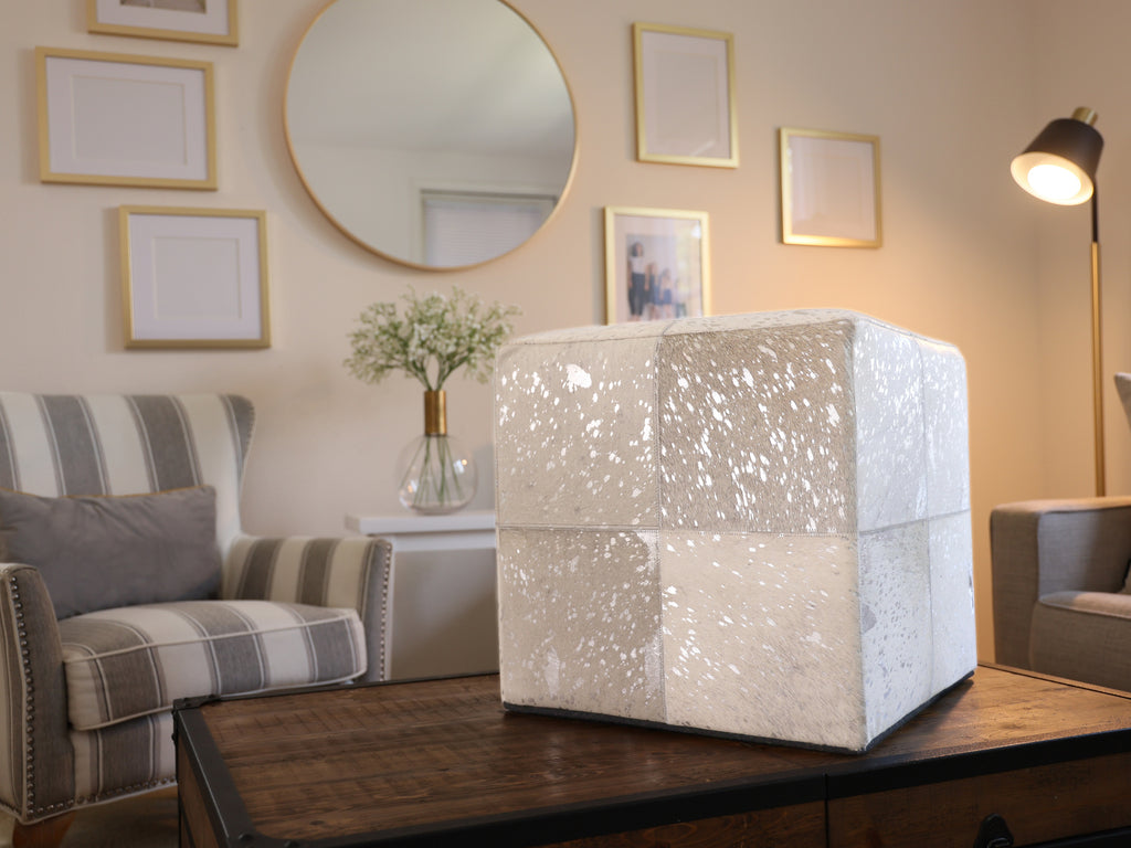 Handmade Brindle Cowhide Leather Cube Ottoman Pouf 18x18 Natural