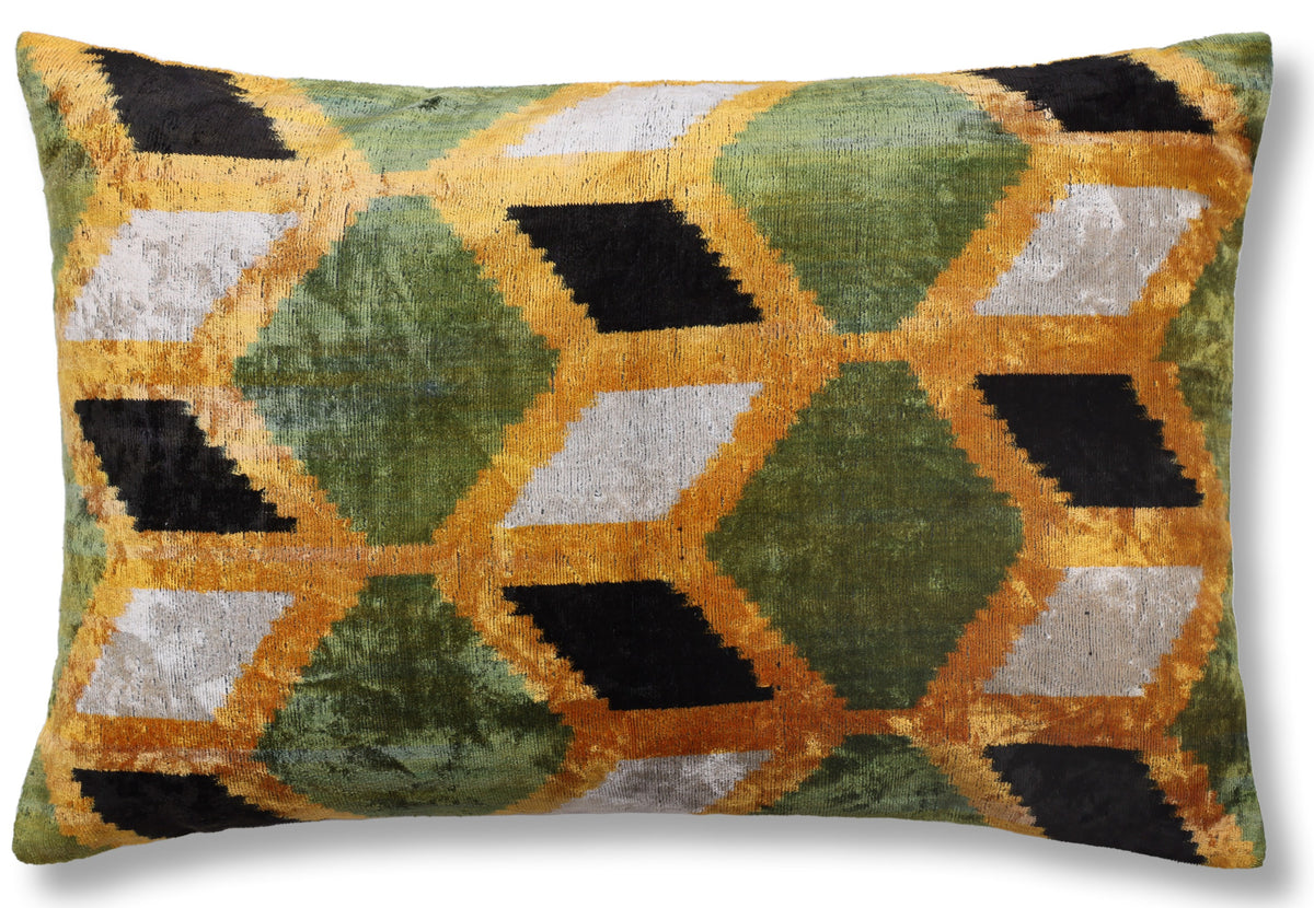 Hand-Knotted Silk Velvet Ikat Lumbar Pillow - 16x24 Moss & Ochre