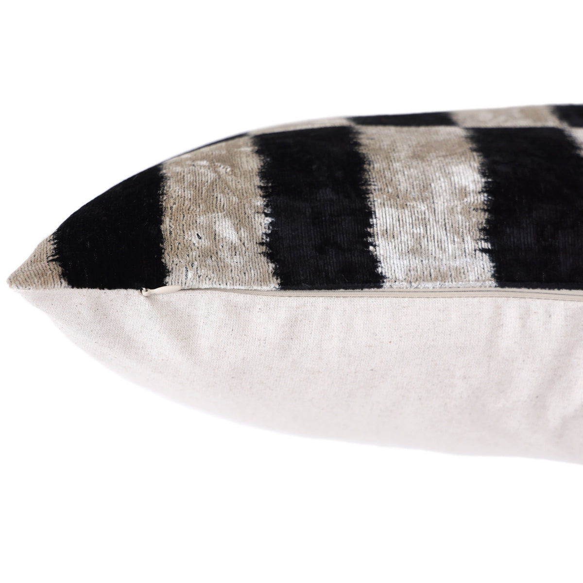 Hand-Knotted Silk Velvet Ikat Lumbar Pillow - 16x24 Black & Silver White