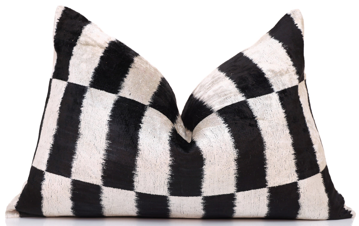 Hand-Knotted Silk Velvet Ikat Lumbar Pillow - 16x24 Black & Silver White