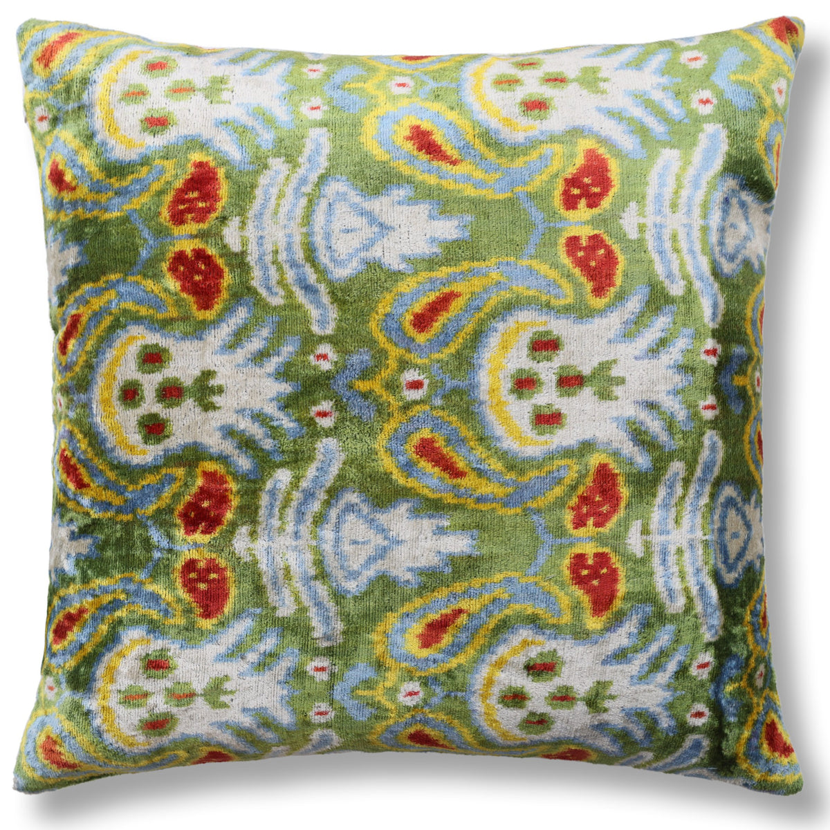 Green Ikat Silk Velvet Pillow 20x20 | Handmade Designer Accent Cushion