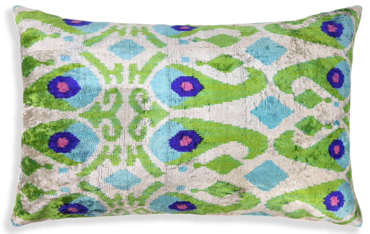 Luxury Silk Velvet Pillow 16x24 – Handmade Green & Turquoise Ikat Lumbar Cushion