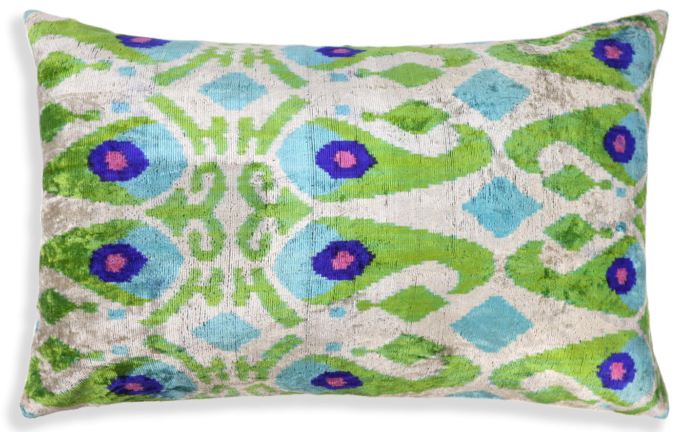 Luxury Silk Velvet Pillow 16x24 – Handmade Green & Turquoise Ikat Lumbar Cushion
