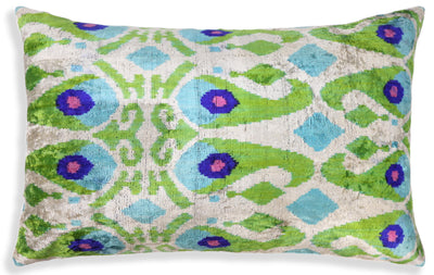 Luxury Silk Velvet Pillow 16x24 – Handmade Green & Turquoise Ikat Lumbar Cushion