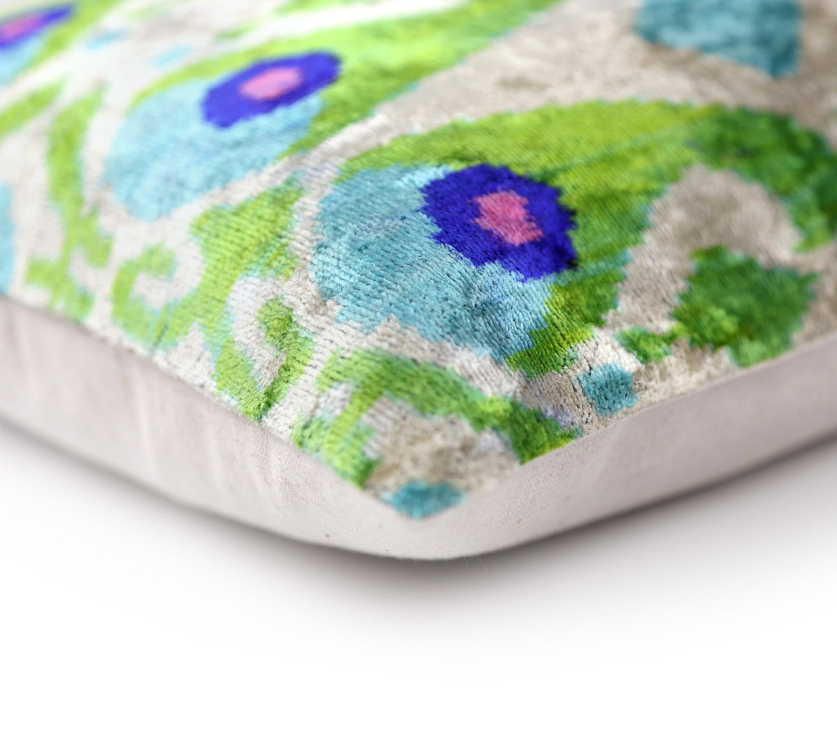 Luxury Silk Velvet Pillow 16x24 – Handmade Green & Turquoise Ikat Lumbar Cushion