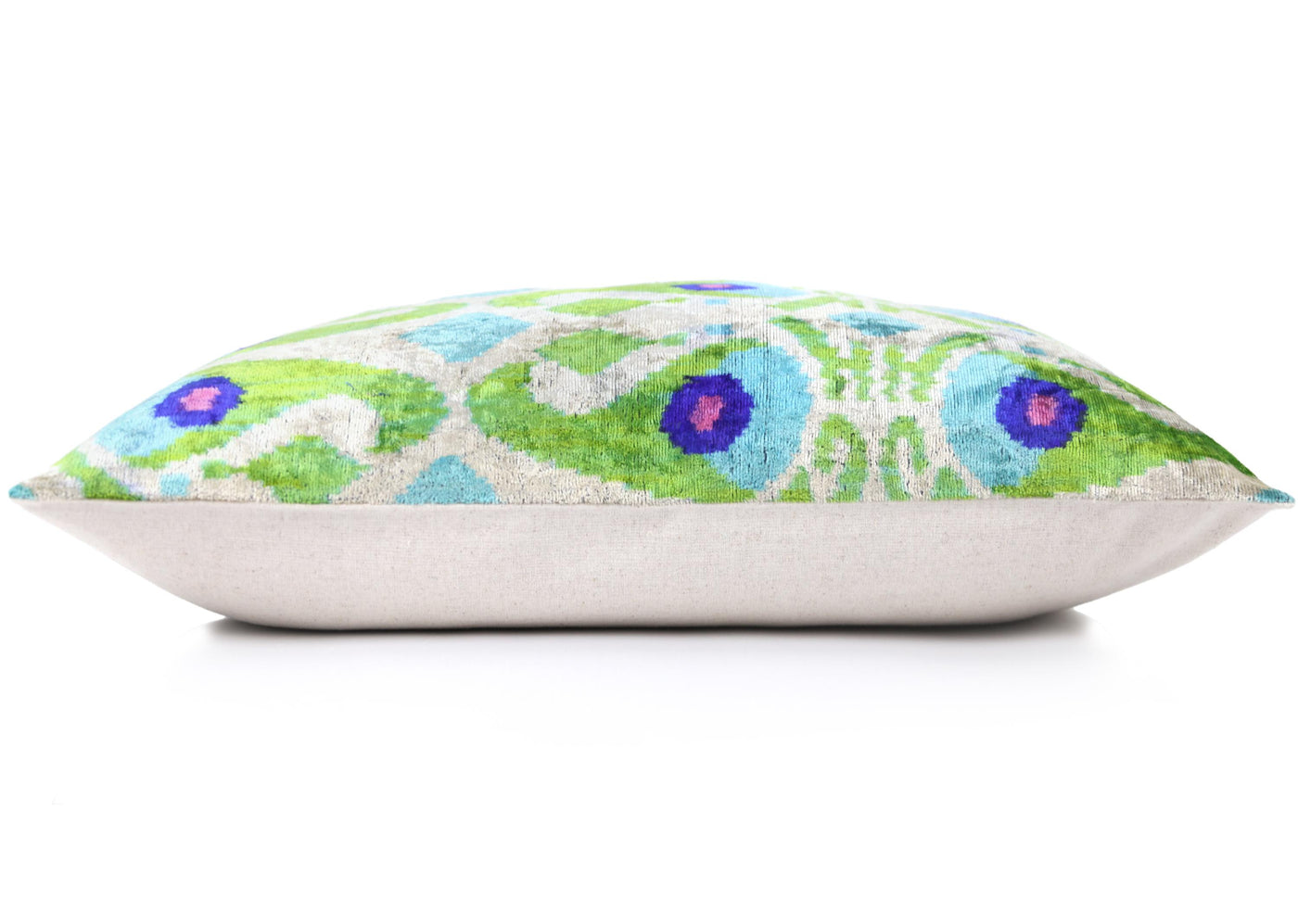 Luxury Silk Velvet Pillow 16x24 – Handmade Green & Turquoise Ikat Lumbar Cushion