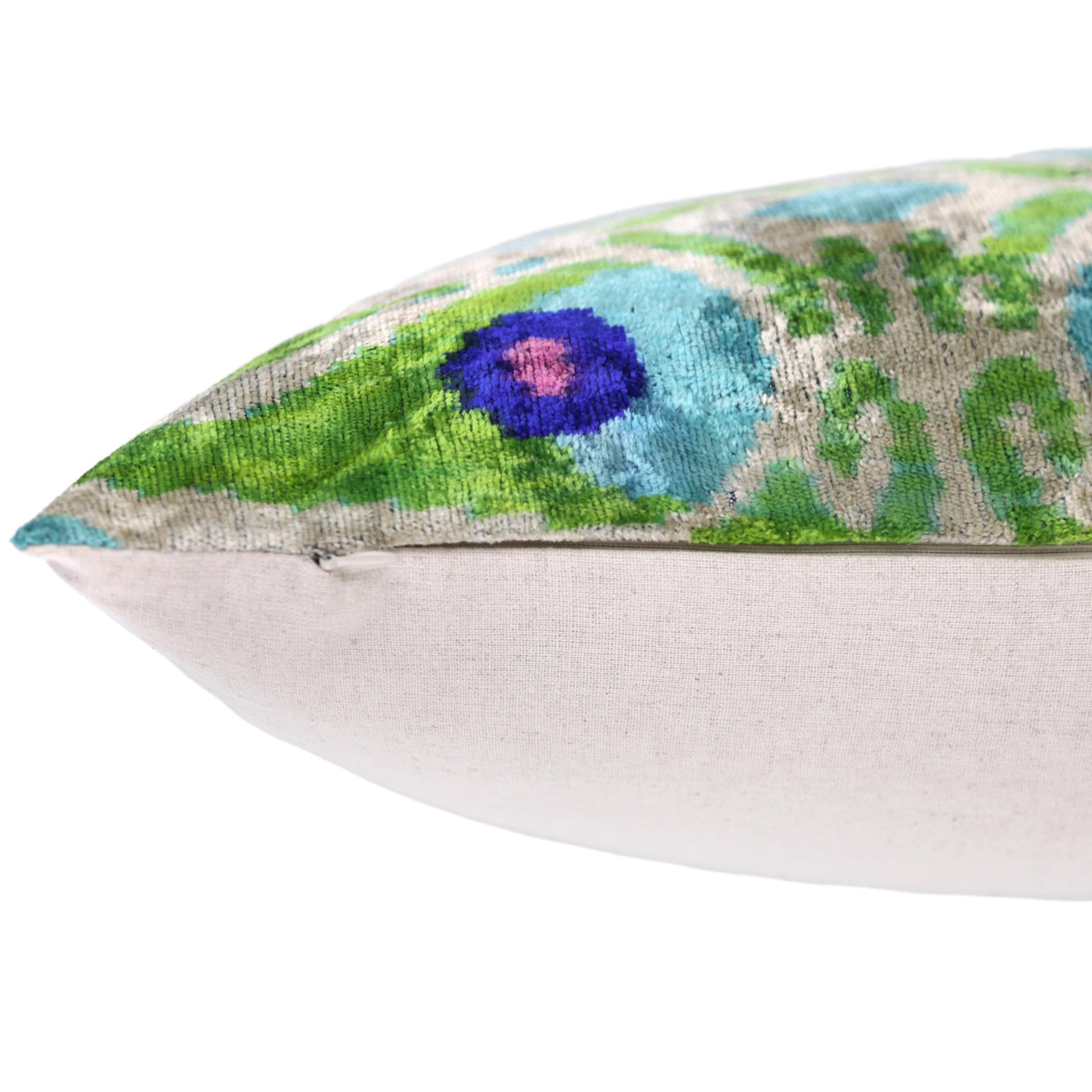 Luxury Silk Velvet Pillow 16x24 – Handmade Green & Turquoise Ikat Lumbar Cushion