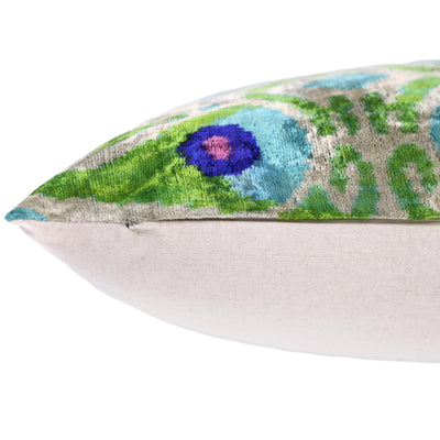 Luxury Silk Velvet Pillow 16x24 – Handmade Green & Turquoise Ikat Lumbar Cushion
