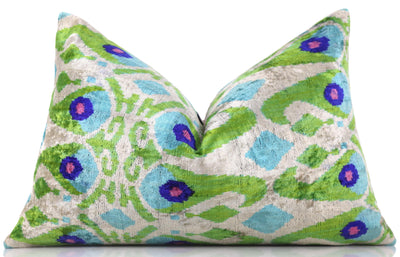 Luxury Silk Velvet Pillow 16x24 – Handmade Green & Turquoise Ikat Lumbar Cushion