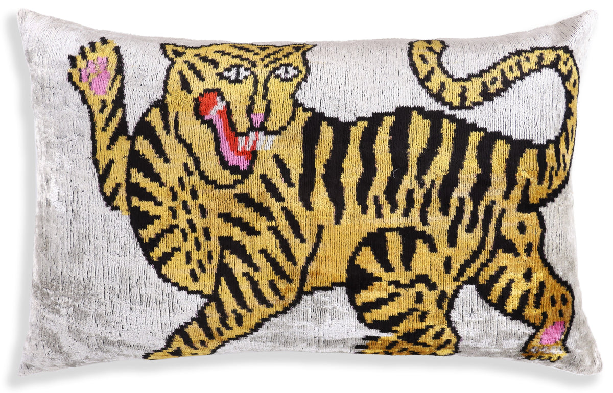 Handmade Tiger Design Velvet Lumbar Pillow 16x24 – Bold Artisan Statement Cushion