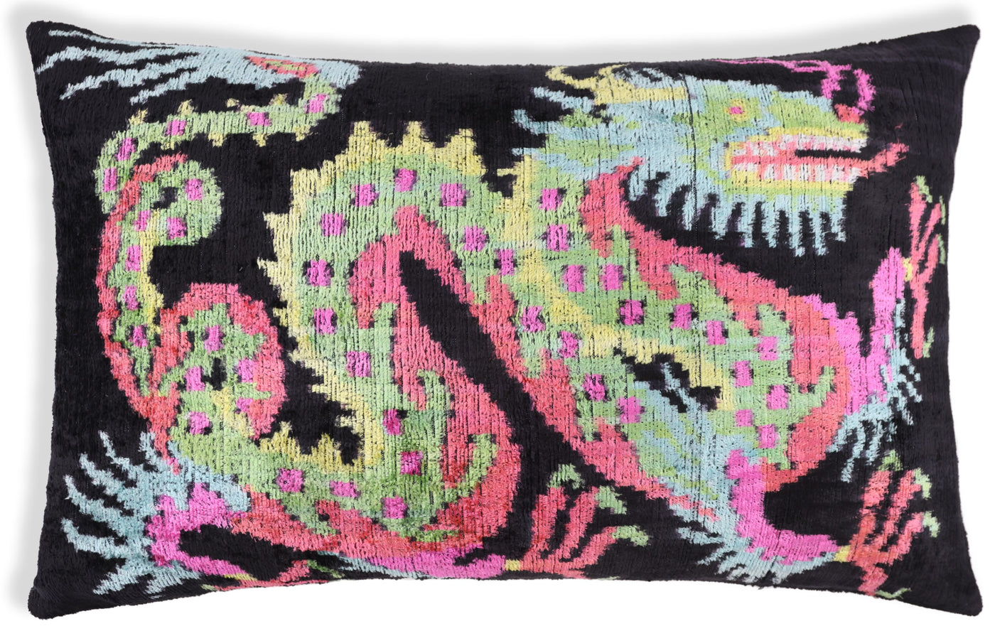 Luxury Silk Velvet Pillow 16x24 – Handmade Black Dragon Lumbar Cushion with Vibrant Colors
