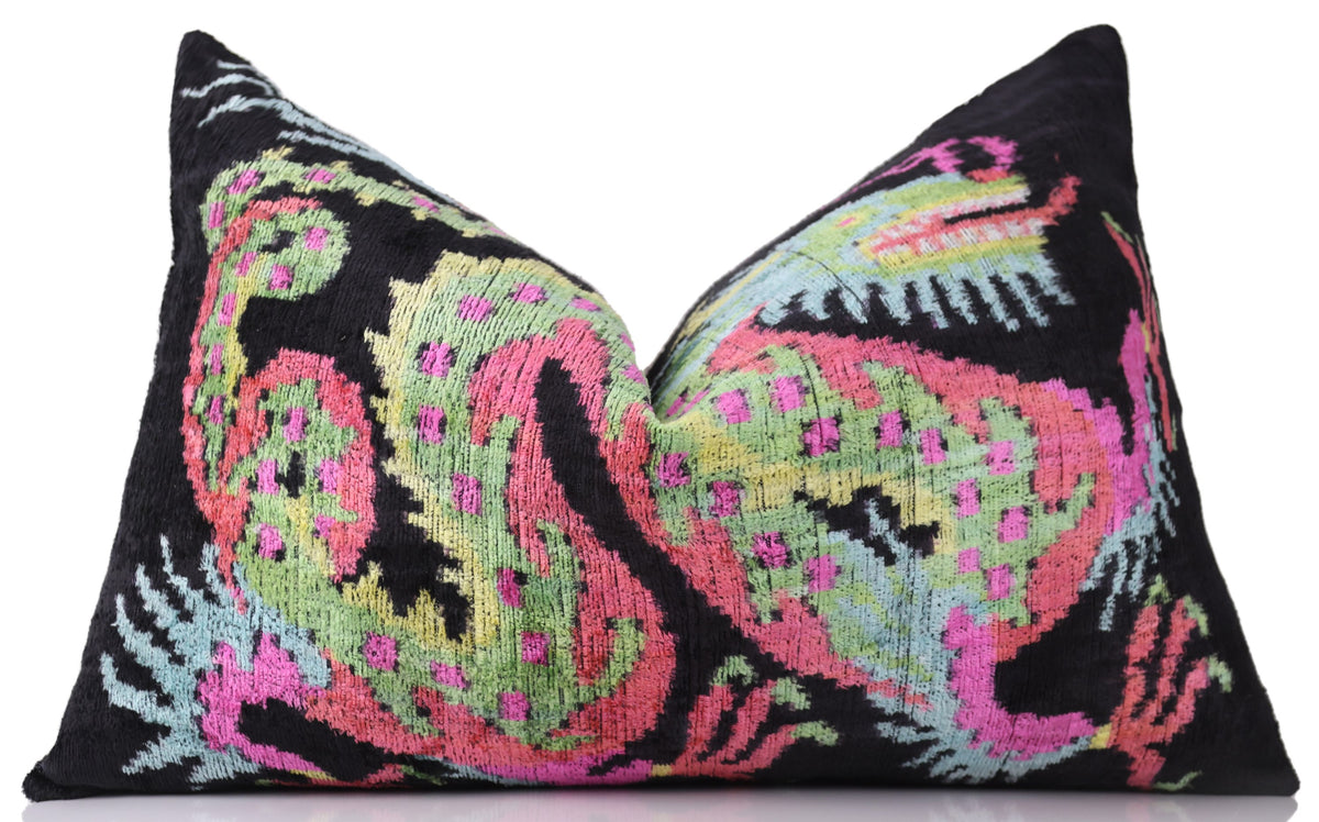 Luxury Silk Velvet Pillow 16x24 – Handmade Black Dragon Lumbar Cushion with Vibrant Colors