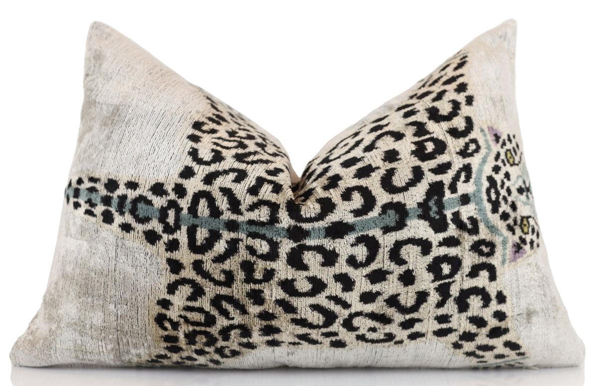 Luxury Leopard Print Silk Velvet Throw Pillow 16x24 – Handmade Animal Motif Lumbar Cushion