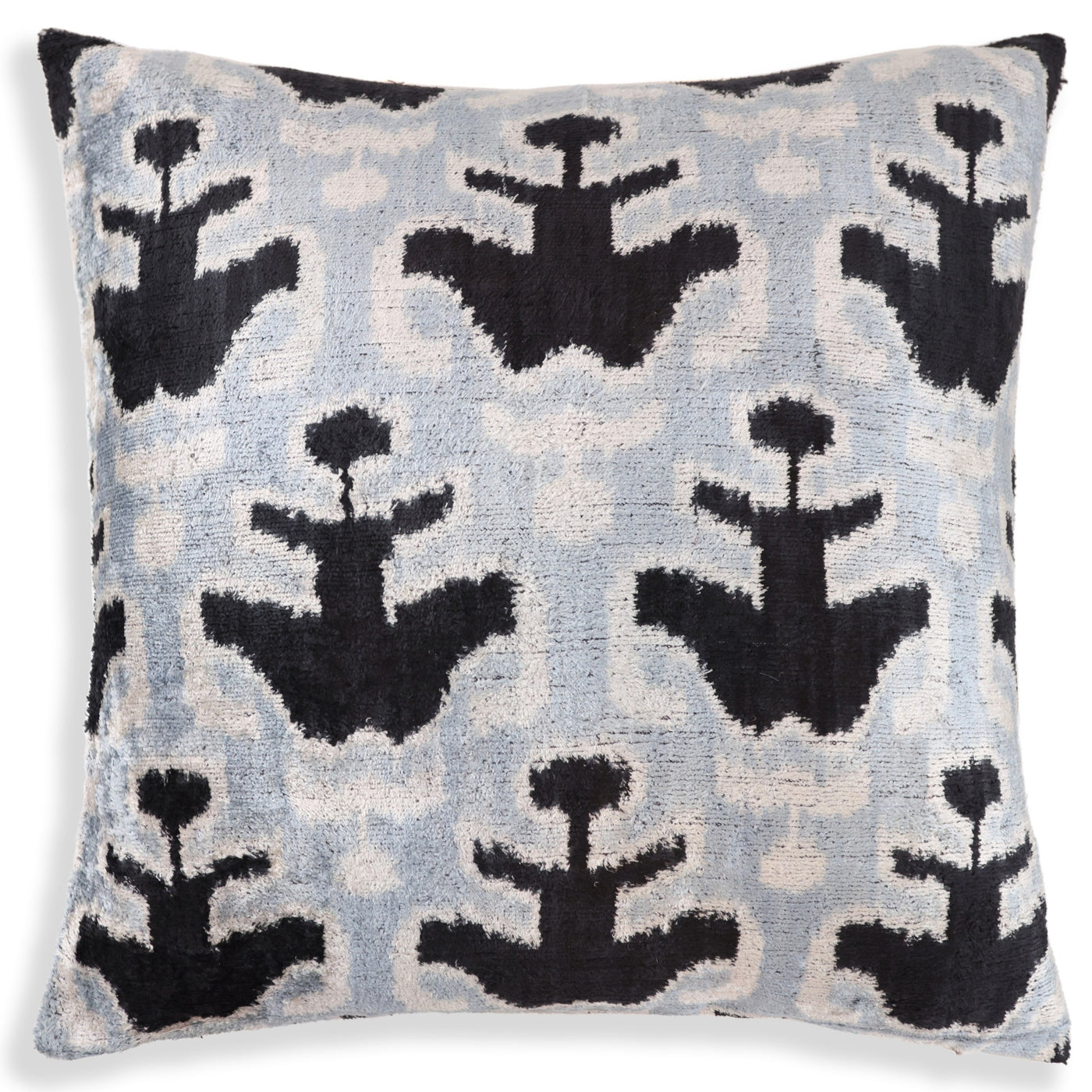 Light Blue Black Silk Velvet Pillow – 20x20 Handmade Ikat Throw Cushion