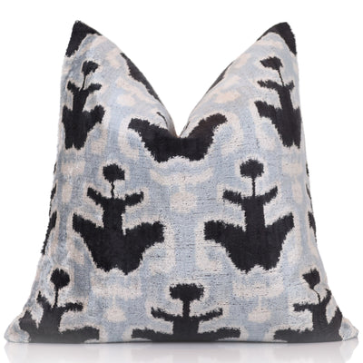 Light Blue Black Silk Velvet Pillow – 20x20 Handmade Ikat Throw Cushion