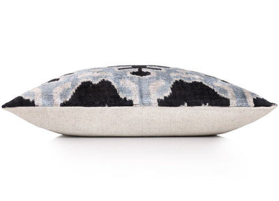 Light Blue Black Silk Velvet Pillow – 20x20 Handmade Ikat Throw Cushion