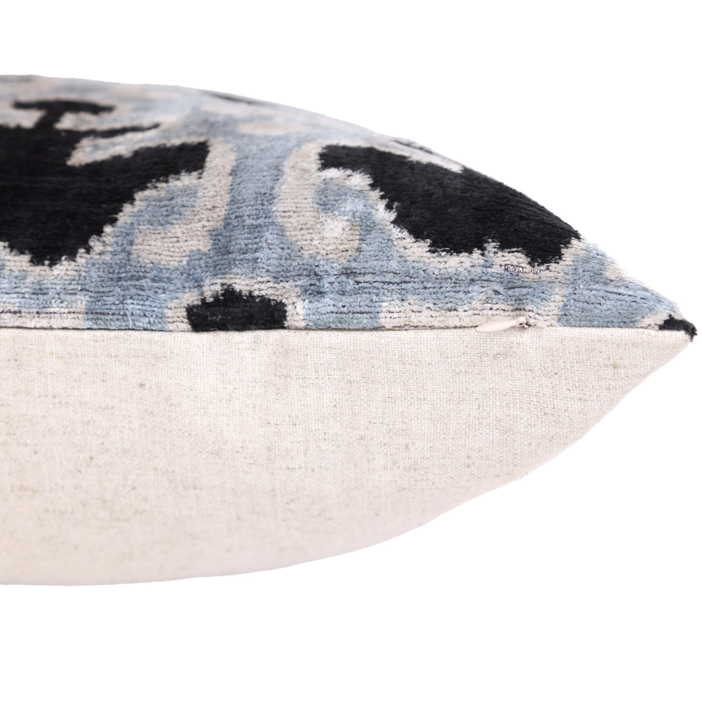 Light Blue Black Silk Velvet Pillow – 20x20 Handmade Ikat Throw Cushion