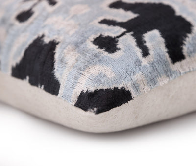 Light Blue Black Silk Velvet Pillow – 20x20 Handmade Ikat Throw Cushion