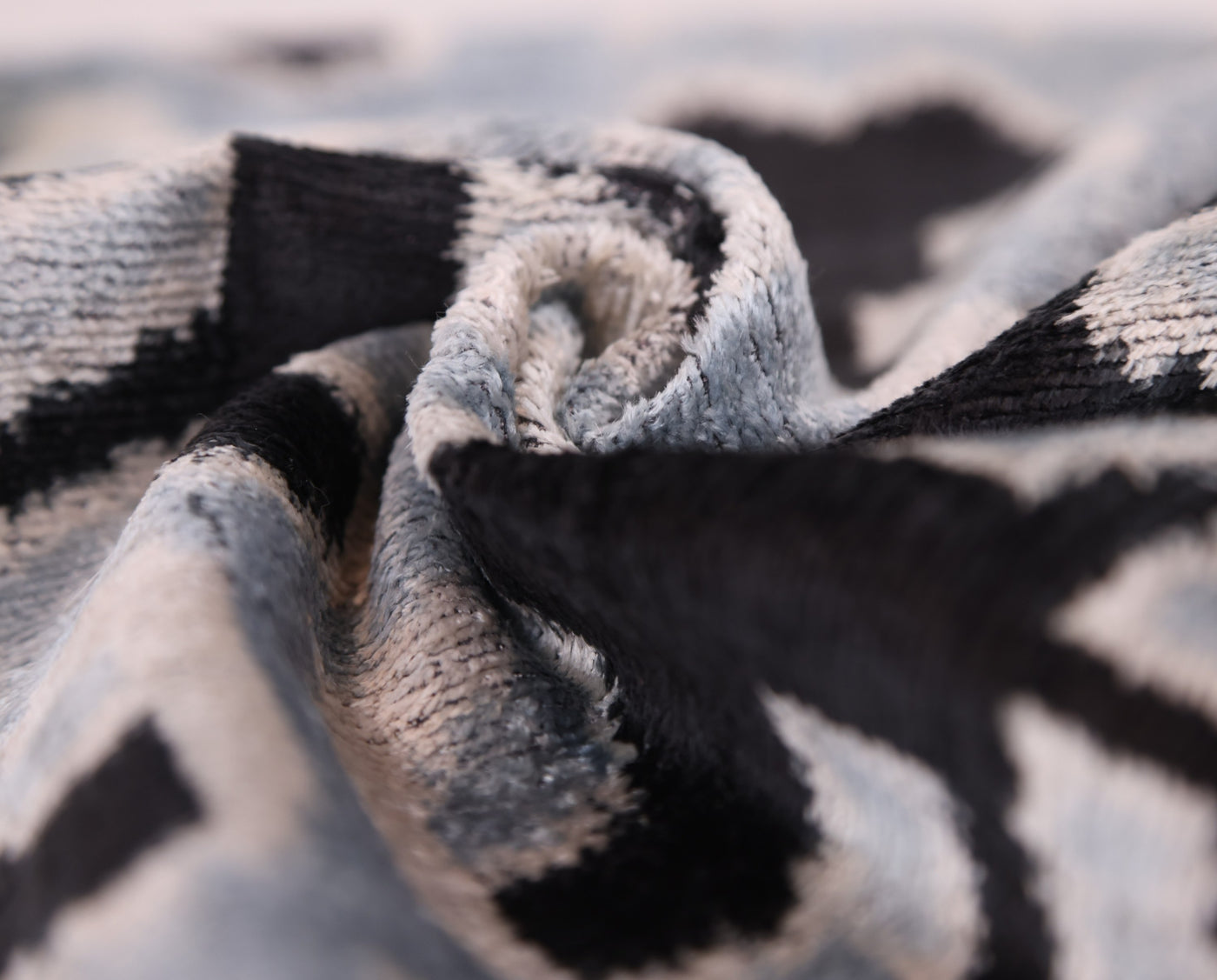 Light Blue Black Silk Velvet Pillow – 20x20 Handmade Ikat Throw Cushion