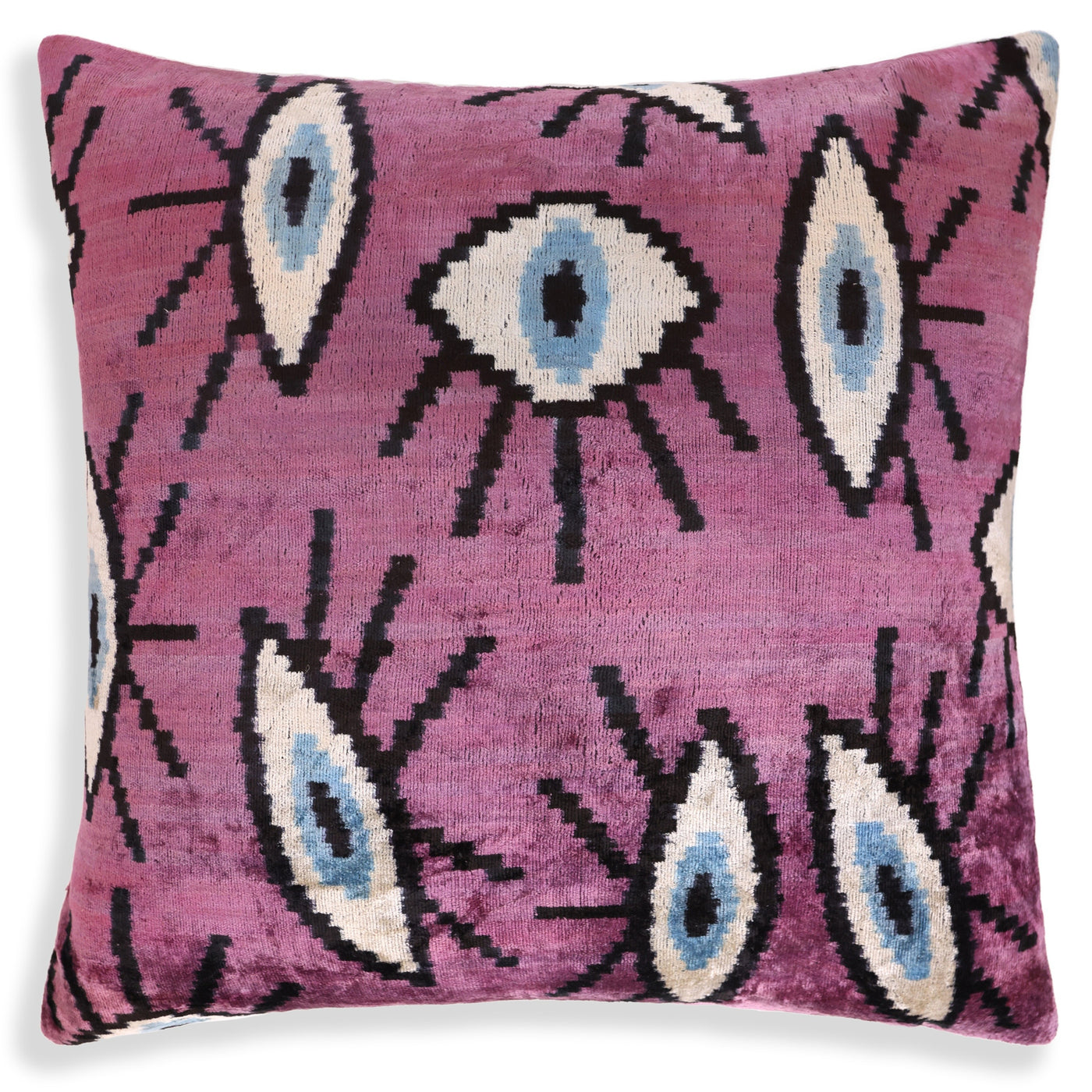 Magenta Blue Eye Silk Velvet Pillow – 20x20 Handmade Ikat Throw Cushion