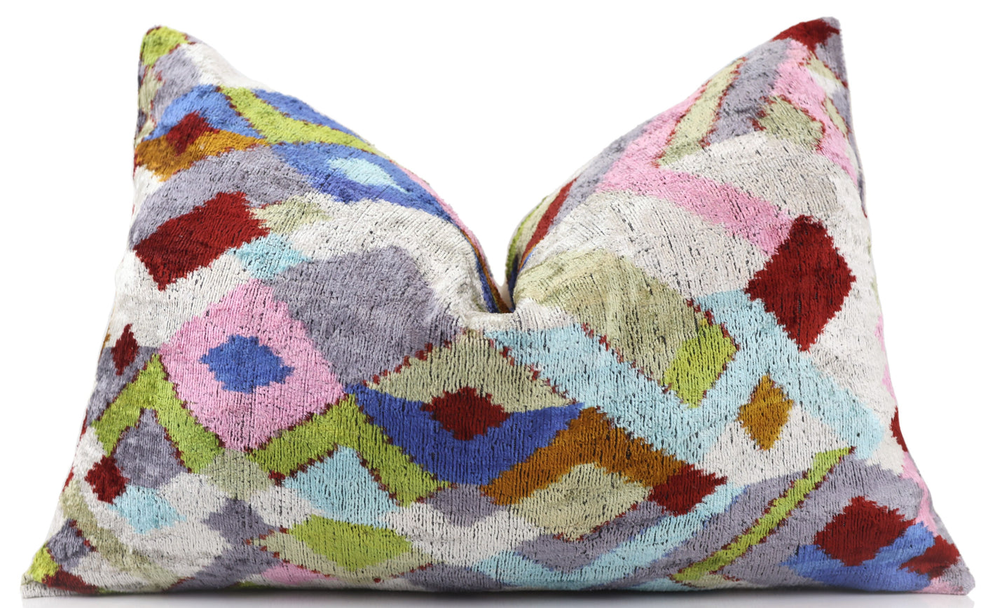 Luxury Multicolor Diamond Silk Velvet Throw Pillow 16x24 – Handmade Geometric Lumbar Cushion