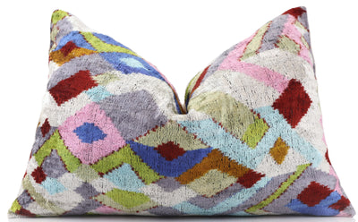 Luxury Multicolor Diamond Silk Velvet Throw Pillow 16x24 – Handmade Geometric Lumbar Cushion