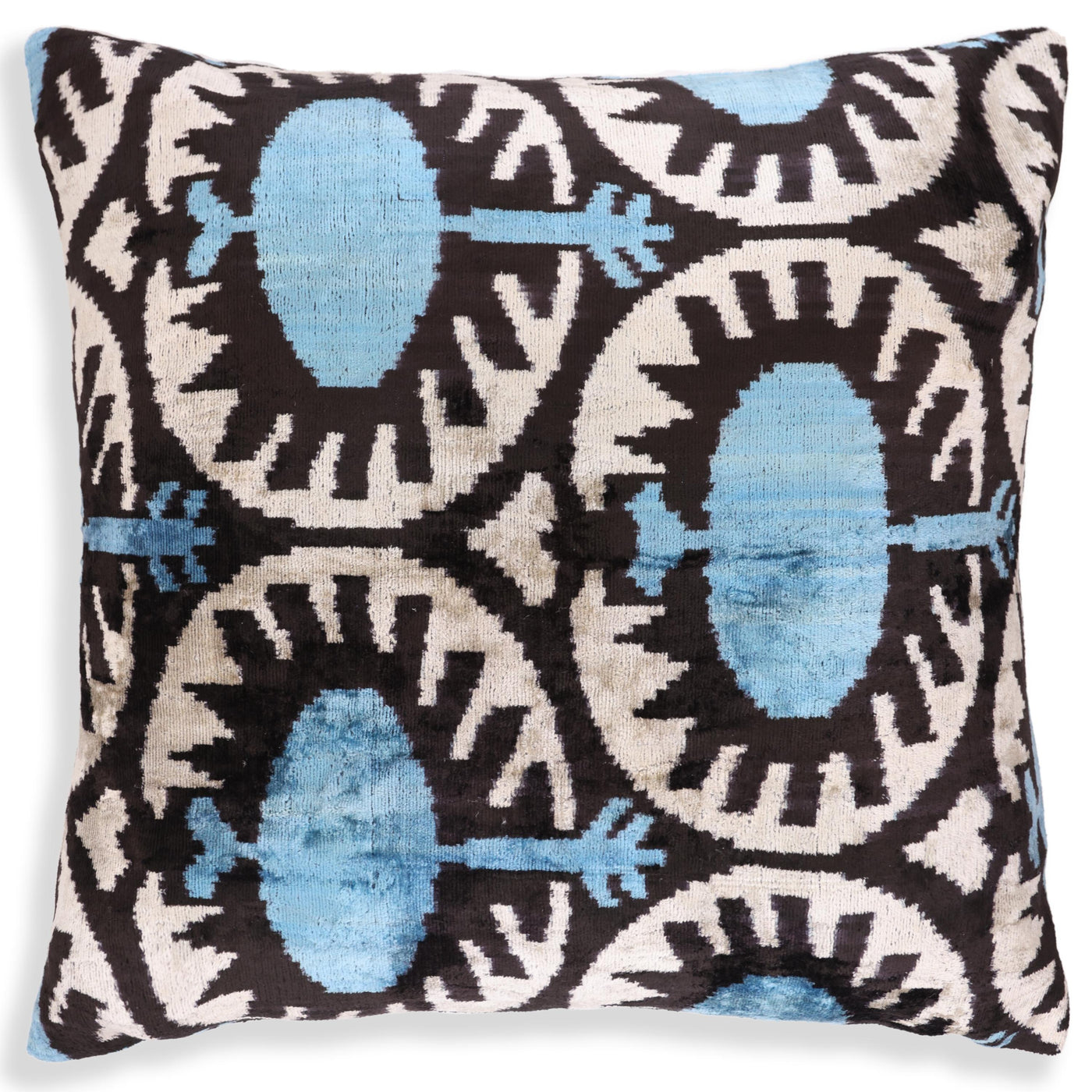 Blue Black Geometric Silk Velvet Pillow – 20x20 Handmade Ikat Throw Cushion