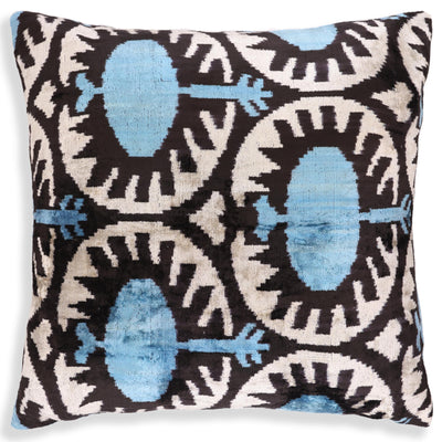Blue Black Geometric Silk Velvet Pillow – 20x20 Handmade Ikat Throw Cushion
