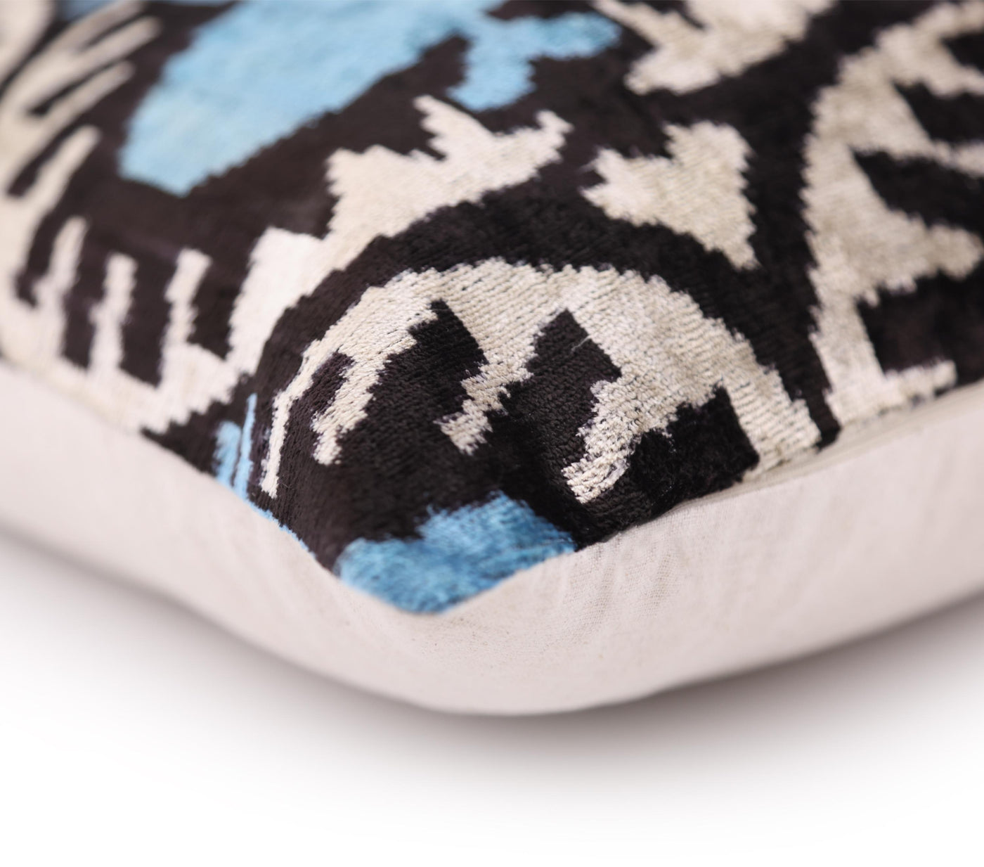 Blue Black Geometric Silk Velvet Pillow – 20x20 Handmade Ikat Throw Cushion