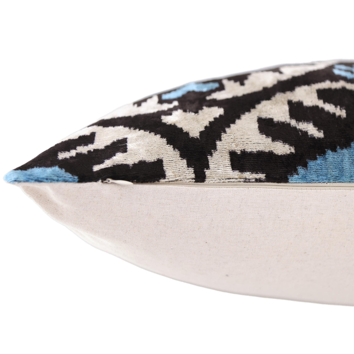 Blue Black Geometric Silk Velvet Pillow – 20x20 Handmade Ikat Throw Cushion