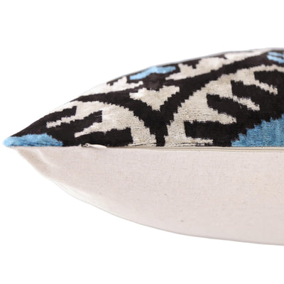 Blue Black Geometric Silk Velvet Pillow – 20x20 Handmade Ikat Throw Cushion