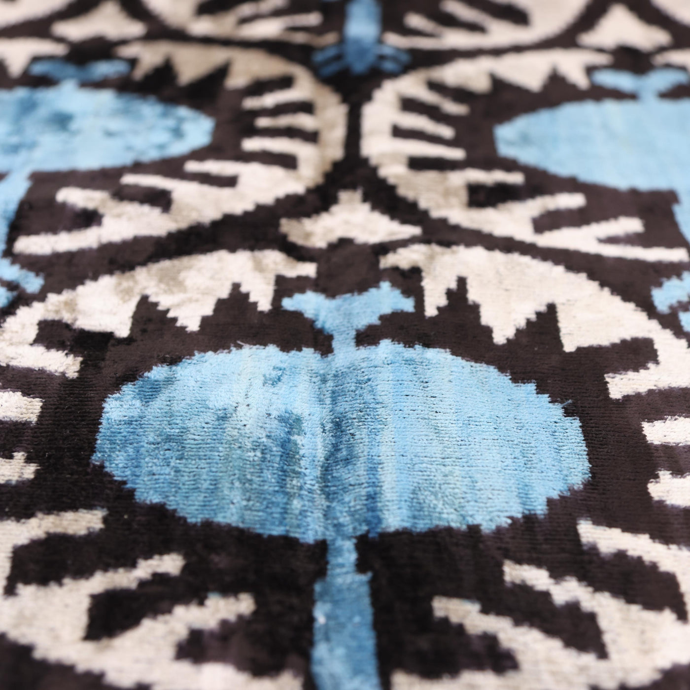 Blue Black Geometric Silk Velvet Pillow – 20x20 Handmade Ikat Throw Cushion