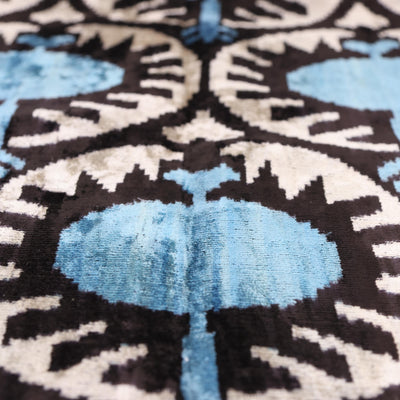 Blue Black Geometric Silk Velvet Pillow – 20x20 Handmade Ikat Throw Cushion
