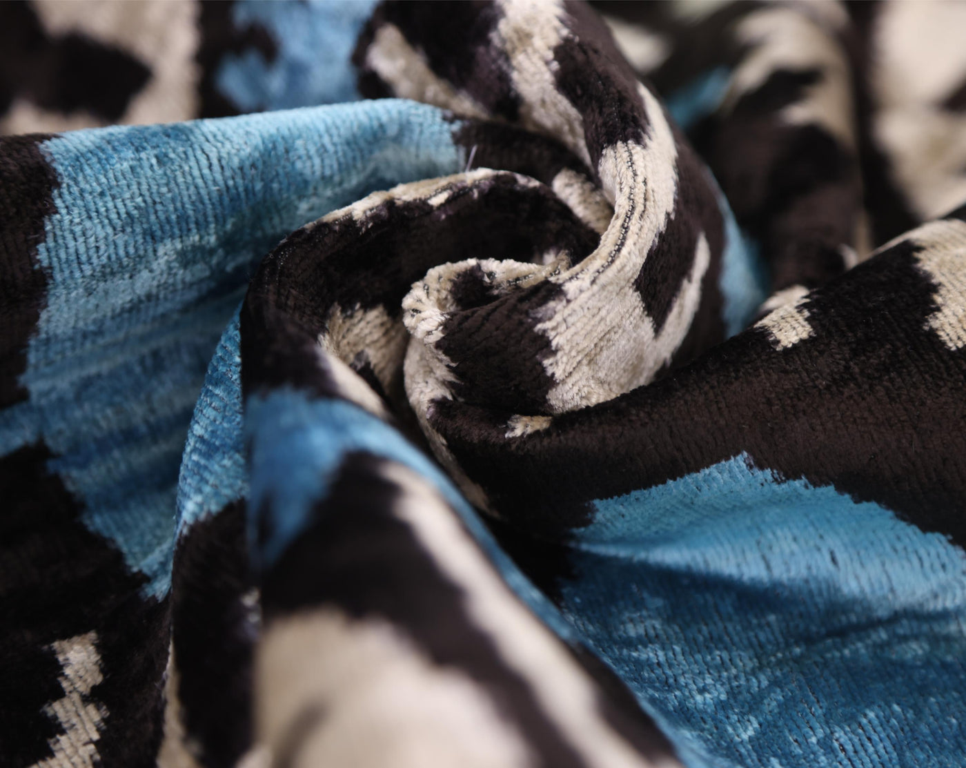 Blue Black Geometric Silk Velvet Pillow – 20x20 Handmade Ikat Throw Cushion