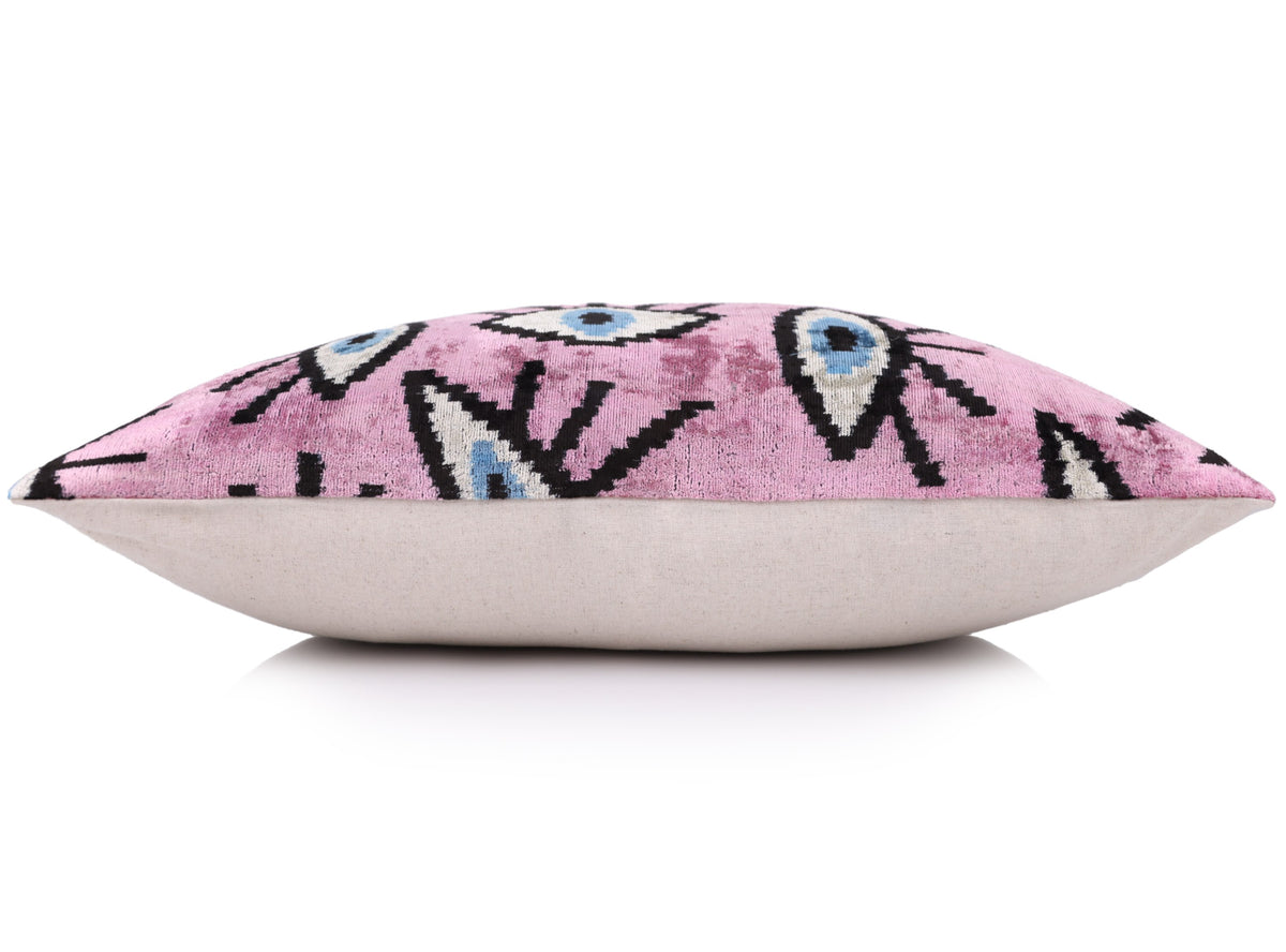 Luxury Pink Evil Eye Velvet Pillow 16x24 – Handmade Silk Lumbar Cushion with Bohemian Charm