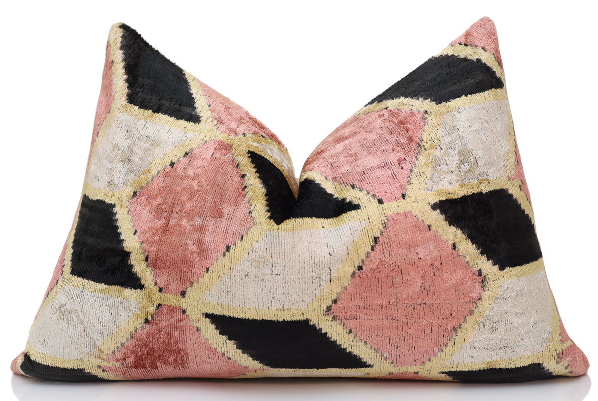 Blush Geometric Silk Velvet Lumbar Pillow 16x24 | Handmade Designer Accent Pillow