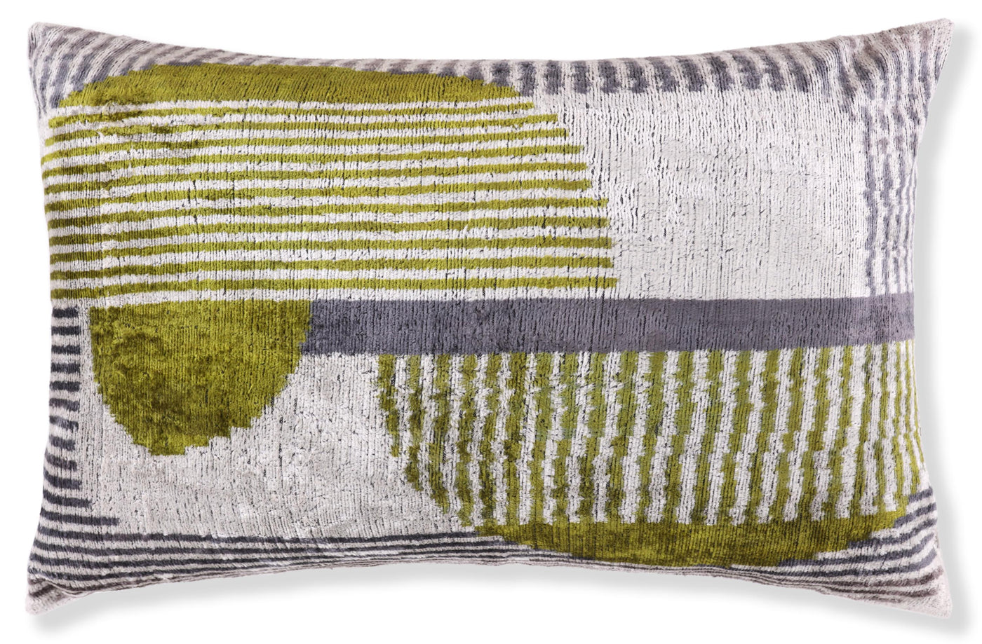 Luxury Silk Velvet Pillow 16x24 – Handmade Green & Gray Geometric Lumbar Cushion