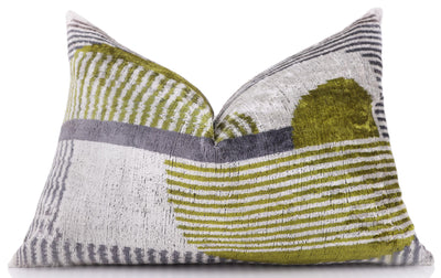 Luxury Silk Velvet Pillow 16x24 – Handmade Green & Gray Geometric Lumbar Cushion