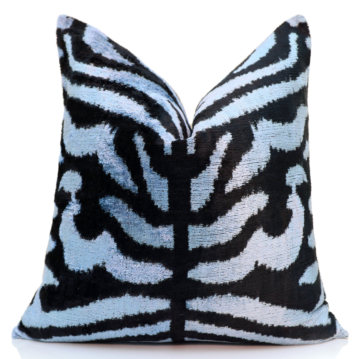 Black & Silver Blue Zebra Silk Velvet Throw Pillow 20x20 | Handmade Luxury Animal Print Accent