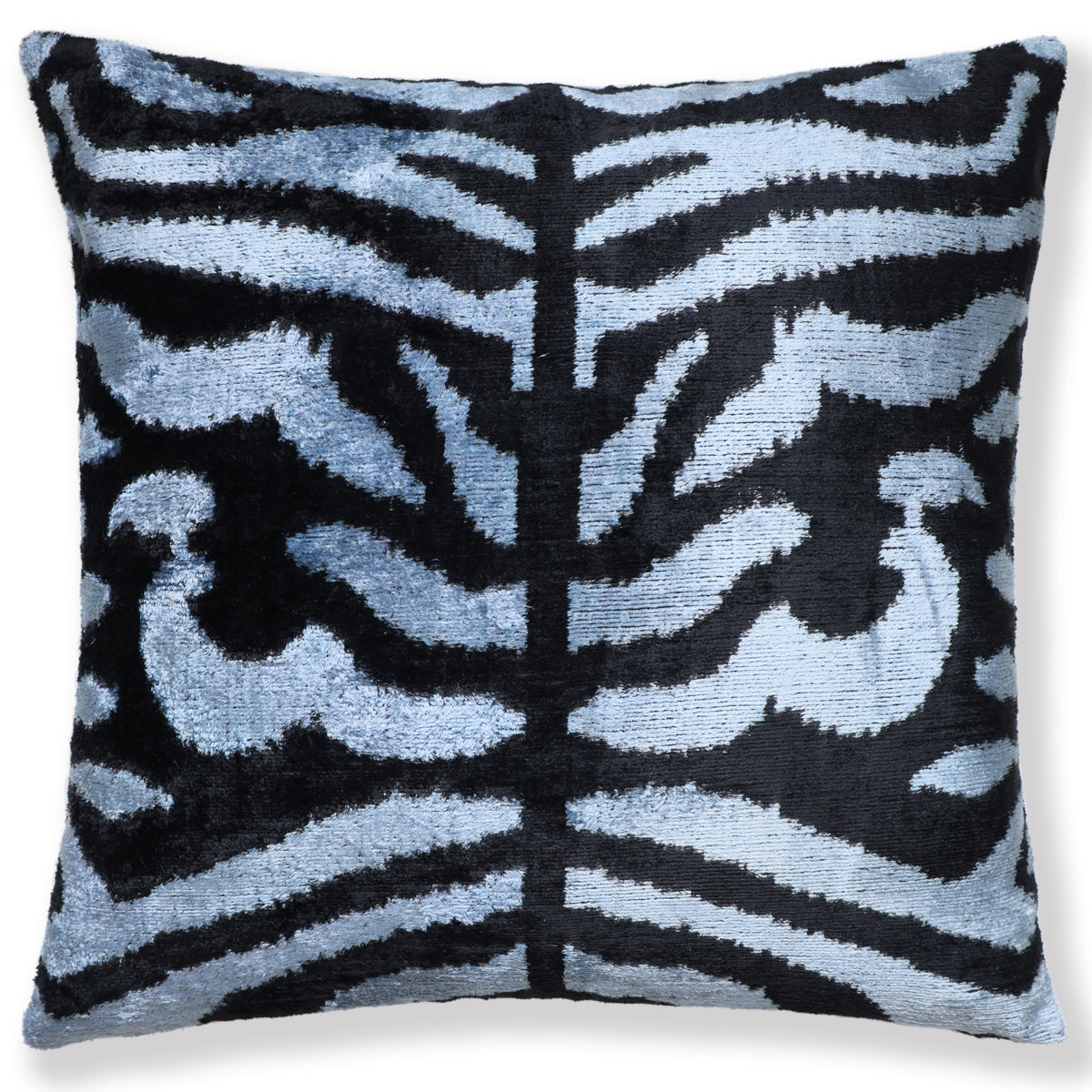 Black & Silver Blue Zebra Silk Velvet Throw Pillow 20x20 | Handmade Luxury Animal Print Accent