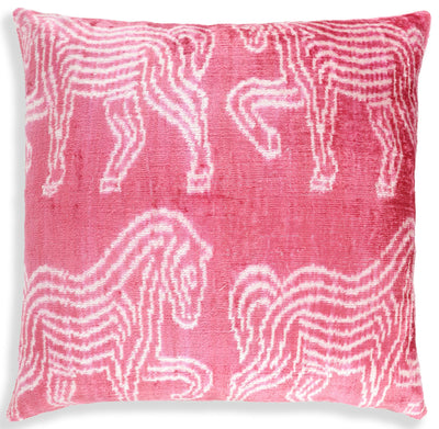 Pink White Zebra Silk Velvet Pillow – 20x20 Handmade Ikat Animal Cushion
