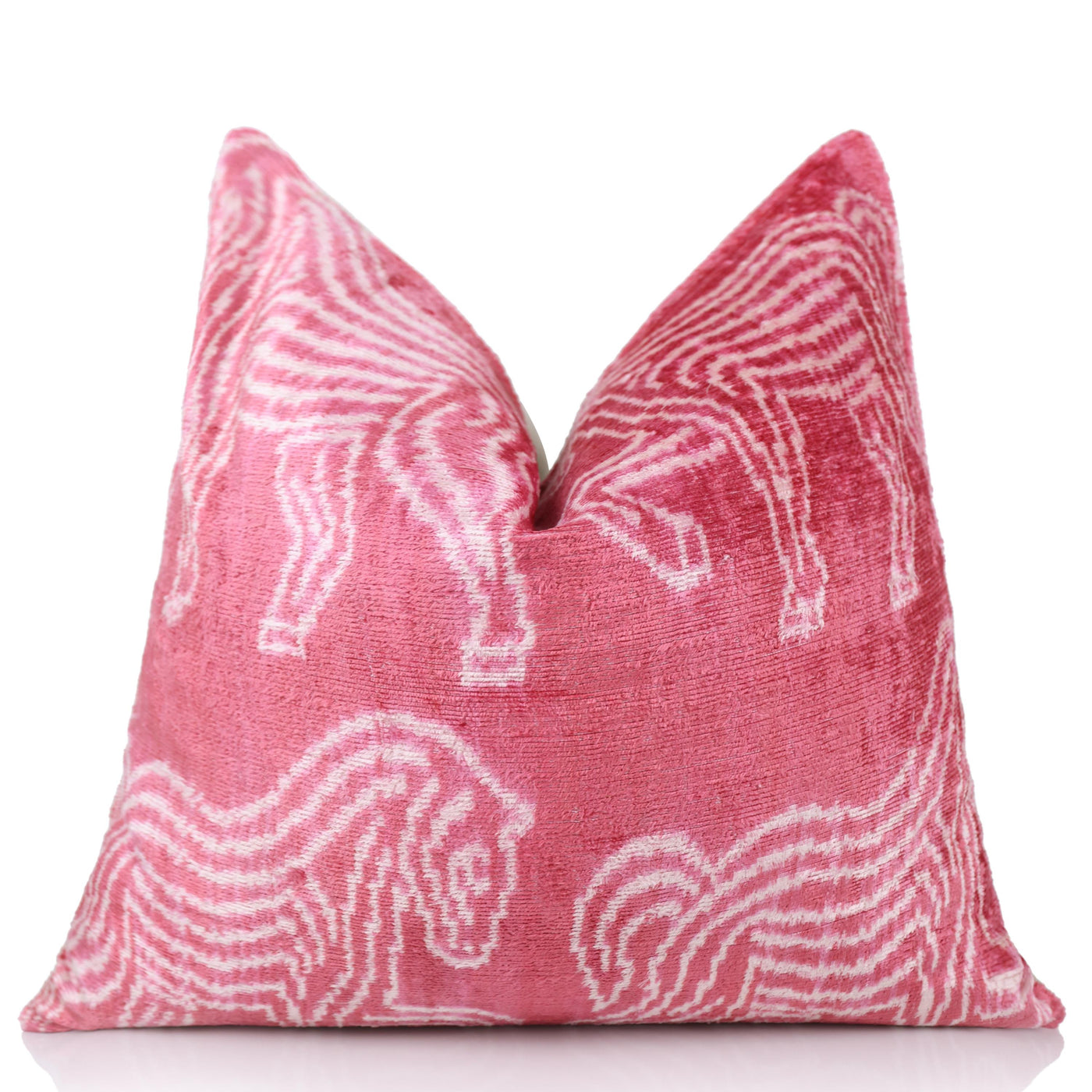 Pink White Zebra Silk Velvet Pillow – 20x20 Handmade Ikat Animal Cushion