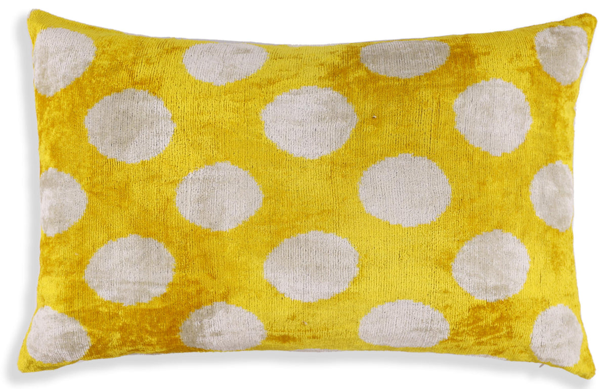 Luxury Silk Velvet Pillow 16x24 – Handmade Yellow Polka Dot Lumbar Cushion