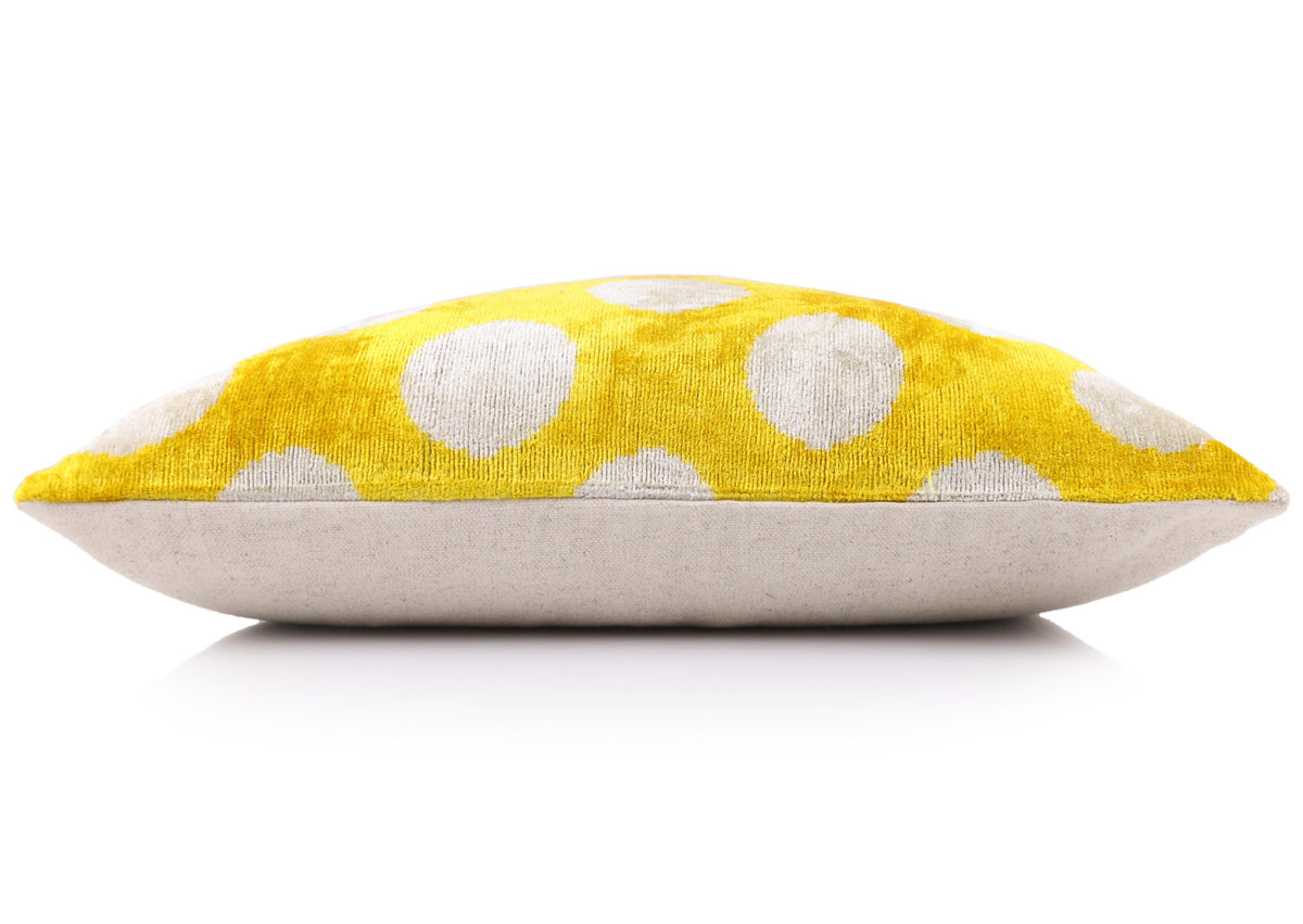 Luxury Silk Velvet Pillow 16x24 – Handmade Yellow Polka Dot Lumbar Cushion