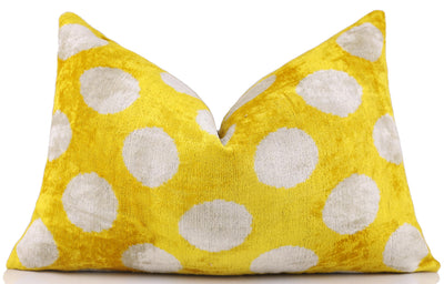 Luxury Silk Velvet Pillow 16x24 – Handmade Yellow Polka Dot Lumbar Cushion