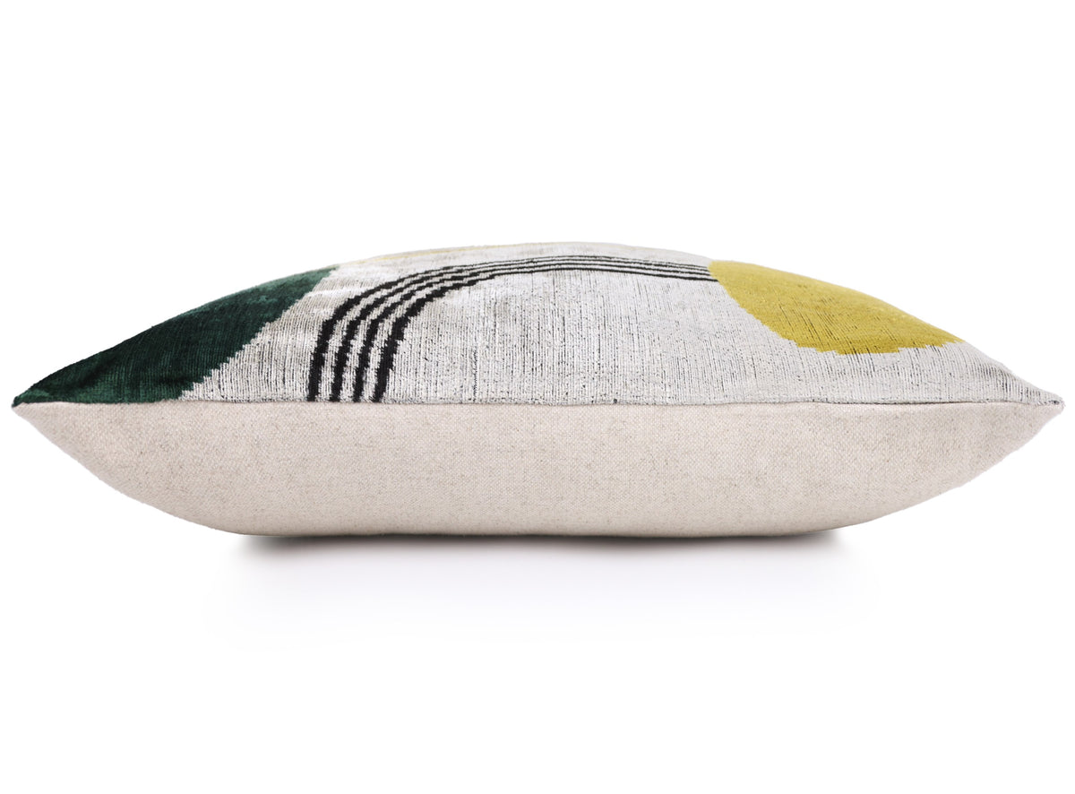 Luxury Silk Velvet Pillow 16x24 – Handmade Modern Geometric Lumbar Cushion in Yellow & Green