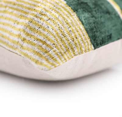 Luxury Silk Velvet Pillow 16x24 – Handmade Modern Geometric Lumbar Cushion in Yellow & Green